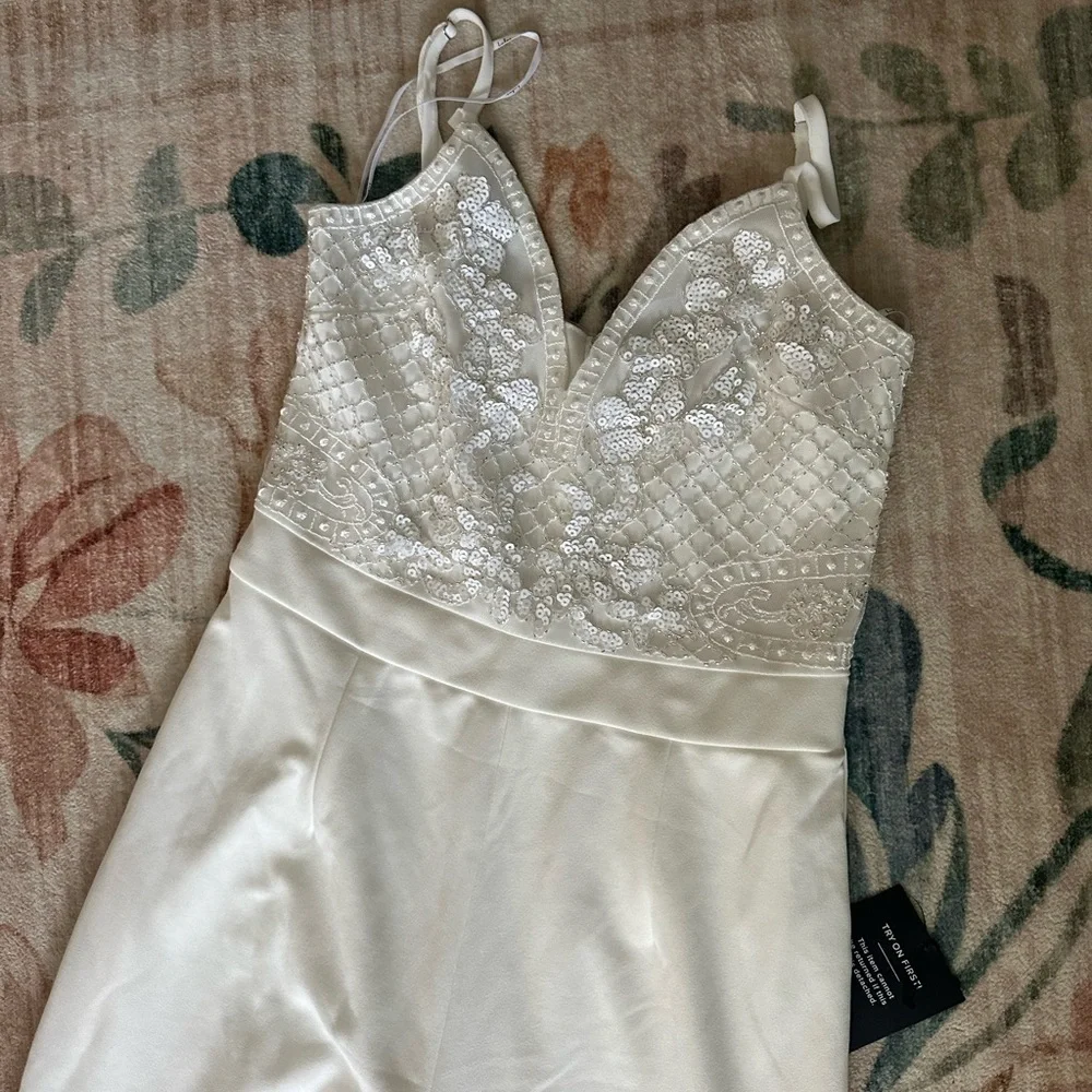 LULU’S Memorable Occasion White Beaded Sequin Wide-Leg Jumpsuit